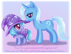 Size: 700x532 | Tagged: safe, artist:metalpandora, derpibooru import, trixie, oc, pony, unicorn, cute, duo, duo female, female, filly, mare, mouth hold, unnamed oc