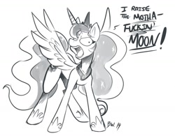 Size: 1280x1000 | Tagged: safe, artist:bluntwhiskey, princess luna, alicorn, pony, female, mare, monochrome, solo, swearing, traditional royal canterlot voice, vulgar, yelling