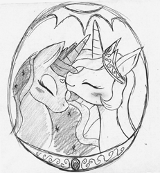 Size: 600x650 | Tagged: safe, artist:sakanabone, princess celestia, princess luna, alicorn, pony, blushing, cute, eyes closed, grayscale, heart, monochrome, pixiv, portrait, smiling