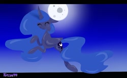 Size: 950x587 | Tagged: safe, artist:fucsia94, princess luna, alicorn, pony, eyes closed, flying, moon, night, sky, smiling, solo