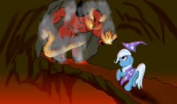 Size: 1700x1000 | Tagged: artist needed, source needed, safe, derpibooru import, trixie, pony, unicorn, action, balrog, bridge, clothes, crossover, duo, female, fire, hat, lord of the rings, mare, monster, robe, scared, trixie's cape, trixie's hat