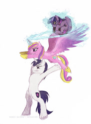 Size: 500x683 | Tagged: safe, artist:cosmicunicorn, princess cadance, shining armor, twilight sparkle, twilight sparkle (alicorn), alicorn, pony, unicorn, bipedal, epic, epic wife tossing, fastball special, female, goggles, grin, gritted teeth, mare, silly, smiling, spread wings