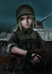 Size: 3000x4242 | Tagged: safe, artist:tiger-type, applejack, human, apc, btr-90, clothes, fingerless gloves, gun, helmet, humanized, machine gun, military, military uniform, rpk, soldier, solo, tank (vehicle), uniform