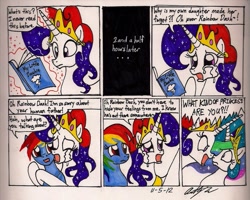 Size: 999x800 | Tagged: safe, artist:newyorkx3, princess celestia, rainbow dash, oc, alicorn, pegasus, pony, fanfic:my little dashie, book, comic, crying, queen lumina, sad, traditional art