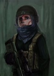 Size: 3000x4242 | Tagged: safe, artist:tiger-type, rarity, human, battlefield, battlefield 3, camouflage, clothes, cutie mark, face paint, female, gun, headset, humanized, military, optical sight, rifle, scarf, sniper rifle, soldier, solo, sv-98, traditional art, vest, weapon