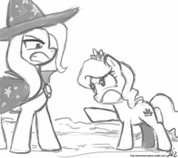 Size: 800x711 | Tagged: safe, artist:johnjoseco, derpibooru import, diamond tiara, trixie, earth pony, pony, unicorn, duo, duo female, female, filly, glare, grayscale, mare, monochrome, pointing