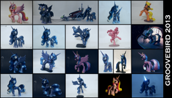 Size: 2100x1200 | Tagged: safe, artist:groovebird, pinkie pie, princess cadance, princess celestia, princess luna, twilight sparkle, twilight sparkle (alicorn), alicorn, pony, compilation, craft, female, glow, irl, mare, night guard, older, photo, sculpture, stargazing, telescope