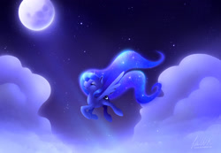 Size: 2377x1642 | Tagged: safe, artist:nekiw, princess luna, alicorn, pony, crepuscular rays, eyes closed, flying, happy, moon, night, sky, smiling, solo