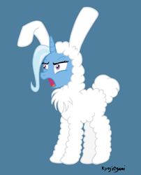 Size: 1368x1693 | Tagged: safe, artist:kyojiogami, derpibooru import, trixie, pony, unicorn, bunny costume, clothes, female, mare, simple background, solo, yelling