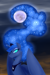 Size: 1200x1800 | Tagged: safe, artist:valcron, princess luna, alicorn, pony, female, full moon, horn, jewelry, lineless, looking at you, mare, moon, regalia, solo, tiara, wings