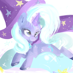 Size: 800x800 | Tagged: source needed, safe, artist:clockworkquartet, derpibooru import, trixie, pony, unicorn, female, leaping, mare, smiling, solo