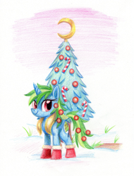 Size: 823x1082 | Tagged: safe, artist:needsmoarg4, derpibooru import, trixie, pony, unicorn, g4, boots, christmas, christmas tree, female, mare, redesign, solo, traditional art, tree