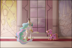 Size: 3900x2600 | Tagged: safe, artist:stinkehund, princess celestia, oc, alicorn, pegasus, pony, clothes, crepuscular rays, crying, female, fluffy, throne room