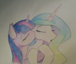 Size: 1846x1549 | Tagged: safe, artist:sokolas, princess celestia, twilight sparkle, alicorn, pony, female, kissing, lesbian, shipping, traditional art, twilestia