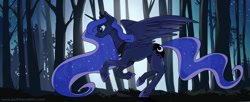 Size: 1050x429 | Tagged: safe, artist:spainfischer, princess luna, alicorn, pony, forest, night, running, solo