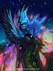 Size: 747x1000 | Tagged: safe, artist:1trick, artist:buckitponydoodles, princess luna, alicorn, pony, aurora borealis, flying, magic, night, solo