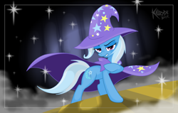 Size: 2200x1400 | Tagged: safe, artist:killryde, derpibooru import, trixie, pony, unicorn, cape, clothes, female, hat, lidded eyes, mare, raised hoof, smiling, smirk, smug, solo, stage, trixie's cape, trixie's hat