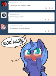 Size: 500x679 | Tagged: safe, artist:tuwairaitosuparukuru, princess luna, alicorn, pony, ask pwincess woona, blushing, cute, filly, lunabetes, tumblr, woona