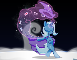 Size: 1100x850 | Tagged: safe, artist:kadjule, derpibooru import, trixie, pony, unicorn, bipedal, cape, card, clothes, eyes closed, female, hat, levitation, magic, mare, smiling, solo, stage, trixie's hat, walking