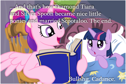 Size: 1024x683 | Tagged: safe, edit, diamond tiara, princess cadance, scootaloo, silver spoon, twilight sparkle, unicorn twilight, alicorn, pony, unicorn, bed, bedtime story, blanket, book, bow, cadance's bedtime stories, chair, detailed background, duo, duo female, exploitable meme, female, females only, filly, filly twilight sparkle, hair bow, hoof hold, horn, image macro, looking at each other, looking up, meme, multicolored mane, open mouth, pillow, pink coat, pink wings, purple coat, purple eyes, reading, sitting, smiling, spread wings, text, vulgar, wings, younger