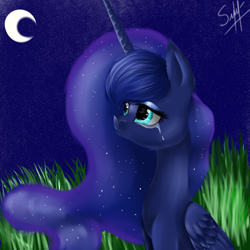 Size: 1500x1500 | Tagged: safe, artist:alicesmitt31, princess luna, alicorn, pony, crying, moon, night, sitting, solo