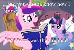 Size: 1024x683 | Tagged: safe, princess cadance, twilight sparkle, unicorn twilight, alicorn, pony, unicorn, bed, bedtime story, blanket, book, bow, cadance's bedtime stories, chair, detailed background, duo, duo female, exploitable meme, female, females only, filly, filly twilight sparkle, hair bow, hoof hold, horn, image macro, looking at each other, looking up, meme, multicolored mane, open mouth, pillow, pink coat, pink wings, purple coat, purple eyes, reading, sitting, smiling, spread wings, text, wings, younger