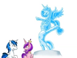 Size: 1024x768 | Tagged: safe, artist:maikeruto, princess cadance, shining armor, alicorn, pony, unicorn, cadance is not amused, epic wife tossing, fastball special, sculpture, statue, unamused