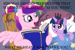 Size: 1015x677 | Tagged: safe, princess cadance, twilight sparkle, unicorn twilight, alicorn, pony, unicorn, bed, bedtime story, blanket, book, bow, cadance's bedtime stories, chair, detailed background, duo, duo female, exploitable meme, female, females only, filly, filly twilight sparkle, hair bow, hoof hold, horn, image macro, looking at each other, looking up, meme, multicolored mane, open mouth, pillow, pink coat, pink wings, purple coat, purple eyes, reading, sitting, smiling, spread wings, text, the princess bride, wings, younger