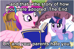 Size: 1024x683 | Tagged: safe, princess cadance, twilight sparkle, unicorn twilight, alicorn, pony, unicorn, adopted offspring, bed, bedtime story, blanket, book, bow, cadance's bedtime stories, chair, detailed background, duo, duo female, exploitable meme, female, females only, filly, filly twilight sparkle, hair bow, hoof hold, horn, image macro, looking at each other, looking up, meme, multicolored mane, open mouth, pillow, pink coat, pink wings, purple coat, purple eyes, reading, sitting, smiling, spread wings, text, wings, you're adopted, younger