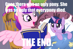 Size: 1015x676 | Tagged: safe, princess cadance, twilight sparkle, unicorn twilight, alicorn, pony, unicorn, bed, bedtime story, blanket, book, bow, cadance's bedtime stories, chair, detailed background, duo, duo female, exploitable meme, female, females only, filly, filly twilight sparkle, hair bow, hoof hold, horn, image macro, looking at each other, looking up, meme, multicolored mane, open mouth, pillow, pink coat, pink wings, purple coat, purple eyes, reading, sitting, smiling, something smells, spongebob squarepants, spread wings, text, the ugly barnacle, wings, younger