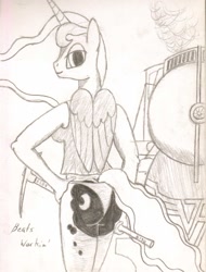 Size: 1195x1570 | Tagged: safe, artist:20thx5150, princess luna, anthro, ass, clothes, cutie mark, looking at you, monochrome, moonbutt, panties, pickaxe, solo, song reference, thong, traditional art, train, underwear, van halen