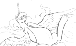 Size: 1559x955 | Tagged: safe, artist:patch, princess luna, alicorn, pony, bedroom eyes, belly, grin, looking at you, missing accessory, monochrome, on back, pregnant, sketch, smiling, solo, spread legs, spread wings, underhoof