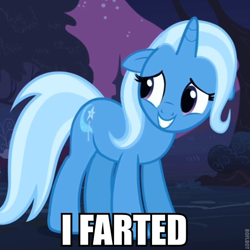 Size: 600x600 | Tagged: safe, derpibooru import, edit, edited screencap, screencap, trixie, pony, unicorn, caption, female, floppy ears, image macro, implied farting, mare, solo, text