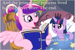 Size: 1024x683 | Tagged: safe, princess cadance, twilight sparkle, unicorn twilight, alicorn, pony, unicorn, bed, bedtime story, blanket, book, bow, cadance's bedtime stories, chair, detailed background, duo, duo female, exploitable meme, female, females only, filly, filly twilight sparkle, hair bow, hoof hold, horn, image macro, looking at each other, looking up, meme, multicolored mane, open mouth, pillow, pink coat, pink wings, purple coat, purple eyes, reading, sitting, smiling, spread wings, text, wings, younger