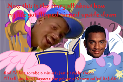Size: 1024x683 | Tagged: safe, princess cadance, twilight sparkle, alicorn, human, pony, unicorn, bed, bedtime story, book, cadance's bedtime stories, carlton banks, duo, exploitable meme, filly, horn, image macro, looking up, meme, reading, text, the fresh prince of bel-air, will smith, wings, younger