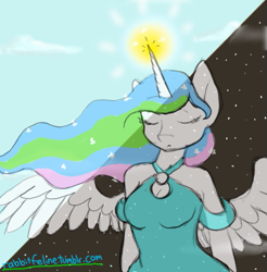 Size: 577x587 | Tagged: safe, artist:bunnycat, princess celestia, alicorn, anthro, clothes, day, dress, eyes closed, horn, magic, night, solo, wings