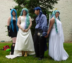 Size: 3911x3452 | Tagged: artist needed, safe, princess celestia, princess luna, queen chrysalis, human, 2012, animenext, convention, cosplay, irl, irl human, photo, rule 63