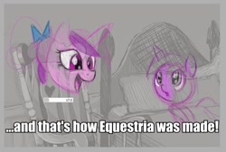 Size: 785x530 | Tagged: safe, princess cadance, twilight sparkle, alicorn, pony, unicorn, bed, bedtime story, book, cadance's bedtime stories, duo, exploitable meme, filly, filly twilight sparkle, horn, image macro, looking up, meme, text, younger