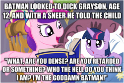 Size: 1024x683 | Tagged: safe, princess cadance, twilight sparkle, unicorn twilight, alicorn, pony, unicorn, all star batman and robin the boy wonder, atop the fourth wall, batman, bed, bedtime story, blanket, book, bow, cadance's bedtime stories, chair, crazy steve, detailed background, duo, duo female, exploitable meme, female, females only, filly, filly twilight sparkle, frank miller, hair bow, hoof hold, horn, image macro, looking at each other, looking up, meme, multicolored mane, open mouth, pillow, pink coat, pink wings, purple coat, purple eyes, reading, sitting, smiling, spread wings, text, vulgar, wings, younger