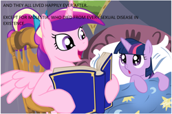 Size: 1024x683 | Tagged: safe, princess cadance, twilight sparkle, unicorn twilight, alicorn, pony, unicorn, bed, bedtime story, blanket, book, bow, cadance's bedtime stories, chair, detailed background, duo, duo female, exploitable meme, female, females only, filly, filly twilight sparkle, hair bow, hoof hold, horn, image macro, looking at each other, looking up, meme, multicolored mane, open mouth, pillow, pink coat, pink wings, princess molestia, purple coat, purple eyes, reading, sitting, smiling, spread wings, text, wings, younger
