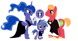 Size: 1044x558 | Tagged: safe, artist:unoriginai, big macintosh, princess luna, oc, oc:ares, alicorn, earth pony, pony, alternate hairstyle, ares, bowtie, bracelet, clothes, colt, cutie mark, dress, lunamac, male, necklace, offspring, parent:big macintosh, parent:princess luna, parents:lunamac, shipping, simple background, straight, tuxedo, wedding