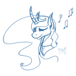 Size: 1000x1000 | Tagged: safe, artist:midnightsix3, princess luna, alicorn, pony, curved horn, earbuds, eyes closed, lunadoodle, monochrome, music notes, solo