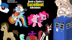 Size: 1055x585 | Tagged: safe, derpibooru import, doctor whooves, lyra heartstrings, pinkie pie, rainbow dash, oc, oc:roboshi, earth pony, pegasus, pony, bill and ted, bill and ted's excellent adventure, clyde, lauren faust, movie, ponified, spider-man