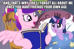 Size: 1013x675 | Tagged: safe, princess cadance, twilight sparkle, unicorn twilight, alicorn, pony, unicorn, a canterlot wedding, bed, bedtime story, blanket, book, bow, cadance's bedtime stories, chair, detailed background, duo, duo female, exploitable meme, female, females only, filly, filly twilight sparkle, hair bow, hoof hold, horn, image macro, looking at each other, looking up, meme, multicolored mane, open mouth, pillow, pink coat, pink wings, purple coat, purple eyes, reading, sitting, smiling, spread wings, text, wings, younger