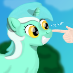 Size: 850x850 | Tagged: safe, artist:revokat, lyra heartstrings, human, boop, grin, hand, humie, irrational exuberance, poking, rational exuberance, smiling, squee, that pony sure does love hands