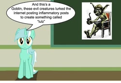 Size: 887x605 | Tagged: safe, lyra heartstrings, goblin, pony, troll, chalkboard, human studies101 with lyra, lulz, meme