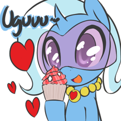 Size: 500x500 | Tagged: safe, artist:florecentmoo, derpibooru import, trixie, semi-anthro, chibi, cupcake, cute, female, food, glasses, heart, necklace, solo, uguu