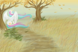 Size: 1152x768 | Tagged: source needed, safe, artist:bux, princess celestia, alicorn, pony, autumn, field, leaves, solo, tall grass