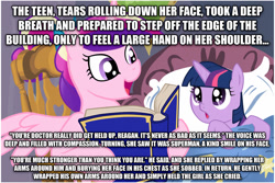 Size: 1024x683 | Tagged: safe, princess cadance, twilight sparkle, unicorn twilight, alicorn, pony, unicorn, all-star superman, bed, bedtime story, blanket, book, bow, cadance's bedtime stories, chair, detailed background, duo, duo female, exploitable meme, female, females only, filly, filly twilight sparkle, grant morrison, hair bow, hoof hold, horn, image macro, looking at each other, looking up, meme, multicolored mane, open mouth, pillow, pink coat, pink wings, purple coat, purple eyes, reading, sitting, smiling, spread wings, superman, text, untranslatable scottish accent man, wings, younger