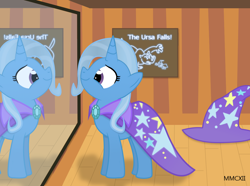 Size: 1182x880 | Tagged: safe, artist:mostlyponyart, derpibooru import, trixie, pony, unicorn, female, hat, mirror, solo, trixie's cape, trixie's hat